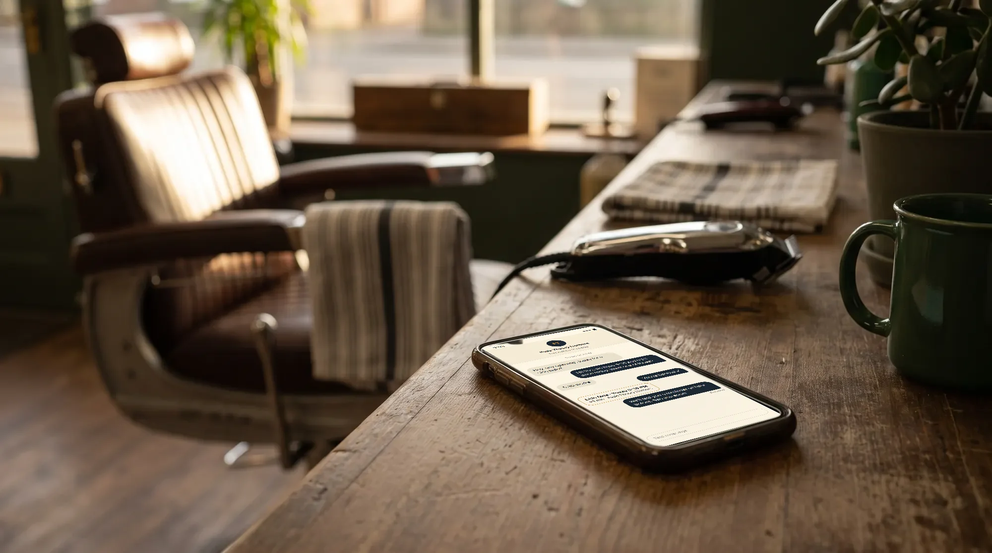 A phone on a barbershop counter at golden hour showing a text chat where the front desk books a skin fade