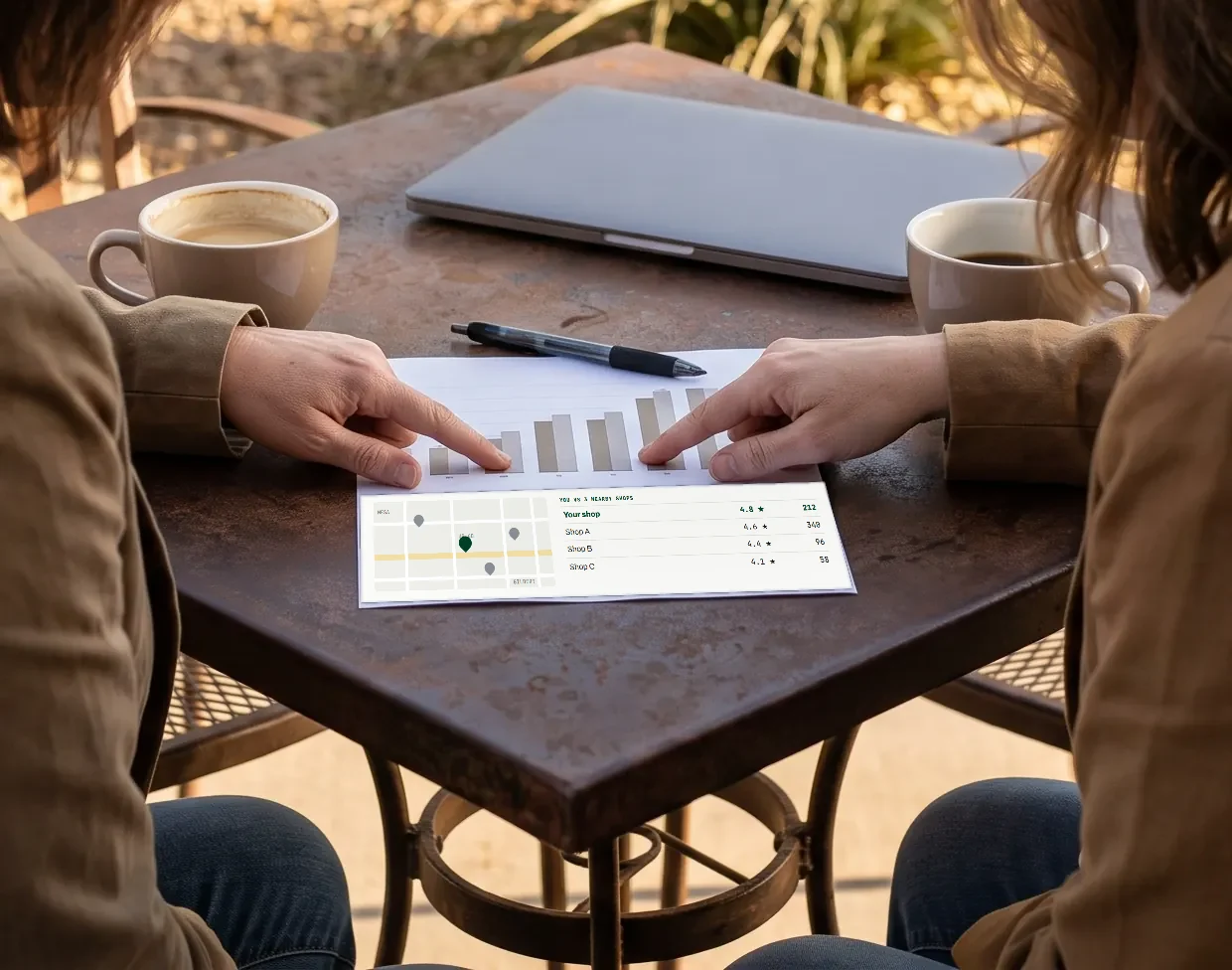 Two people at an outdoor cafe table point at a one page report with a bar chart, a local map and a shop compared with 3 nearby shops