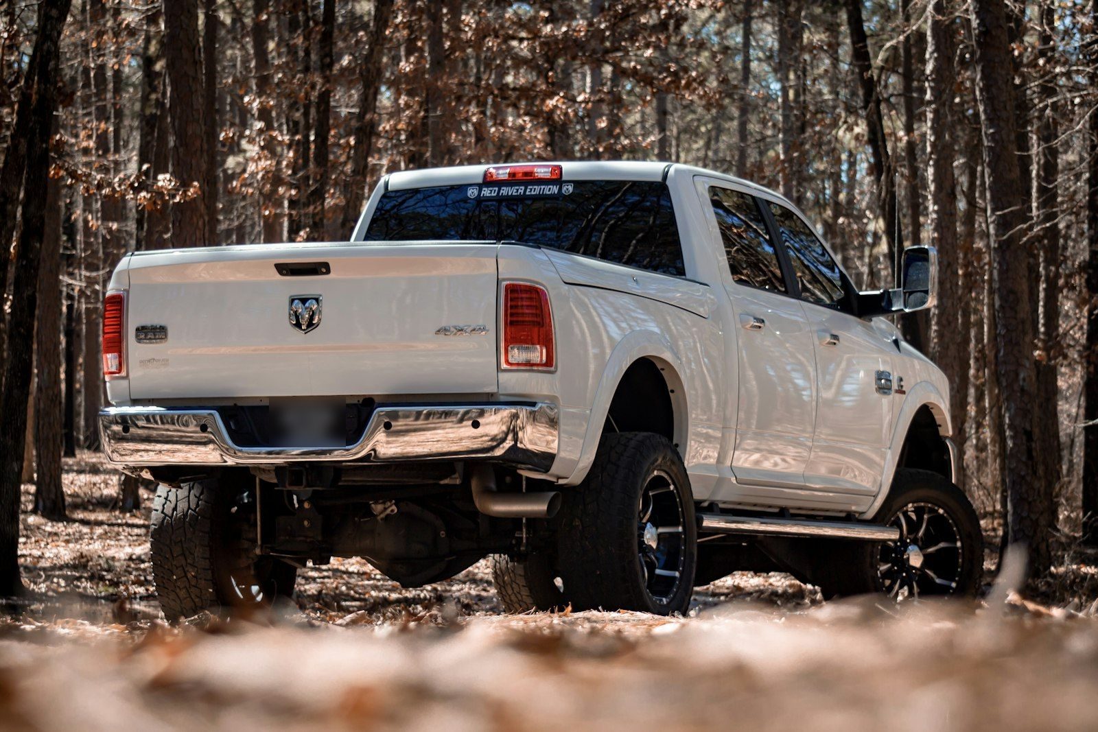White pickup truck with tinted windows parked among trees